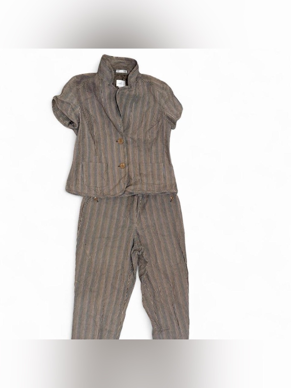 Emma James Taupe & Navy Pinstripe Short-Sleeve Blazer and Pants Set